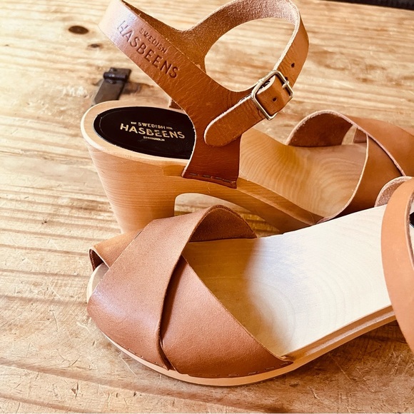 Swedish Hasbeens Merci Clog Sandals Leather Brown Tan Wood Heel Size 11 - Picture 9 of 13